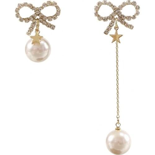 LANFLORA new bowknot asymmetric women pearl earrings copper alloy earrings cheap factory bulk wholesale price earrings