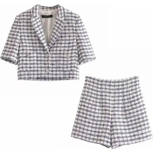 Za Women Summer Tweed Plaid Blazers Short Coat Vintage Short Sleeve Female Outerwear And High Waist Casual Shorts