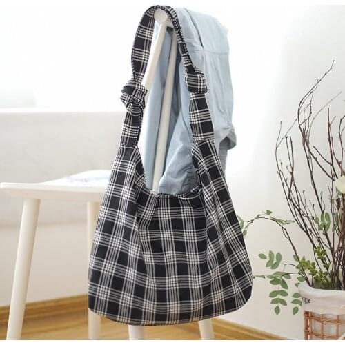 Black Plaid Simple Women Shoulder Bag Soft Cloth Fabric Handbag Large Capacity Tote Canvas Bags For Pretty Young Girls BG1438