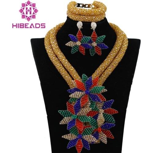 Multicolor Flower Pendant Statement Necklace Set Luxury African Fashion Jewelry Set Floral Necklace Earrings Free Shipping WA234