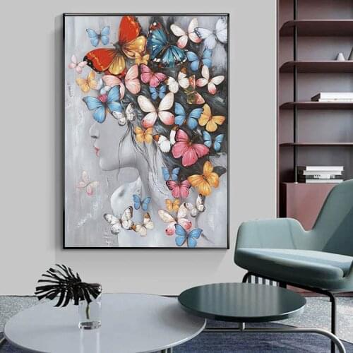 Hand Drawn Butterfly Woman Abstract Canvas Painting Wall Art Print Poster Picture Decorative Painting Living Room Home Decor