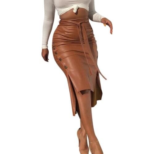 Sexy Women Autumn Winter Faux Leather Bandage Button Bodycon Split Midi Skirt