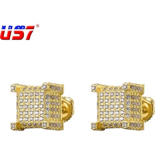 US7 Square Stud Iced out Earrings for Men Full Micro Paved AAA CZ Stones Earrings for Hip Hop Rock Jewelry