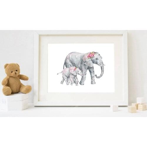 Elephants With Roses Canvas Prints and Poster Nursery Wall Art Watercolor Elephants Canvas Painting Picture Baby Room Wall Decor