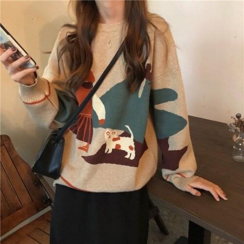 Sweater Autumn Spring O-Neck Polyester Korean Sweet Full Cartoon Loose-fitting Unisex Girls Sweater All-match Women Sweaters