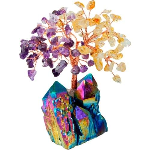 TUMBEELLUWA 4" Natural Purple&Yellow Crystal Money Tree,Rainbow Aura Titanium Cluster Base Bonsai Figurine for Wealth and Luck