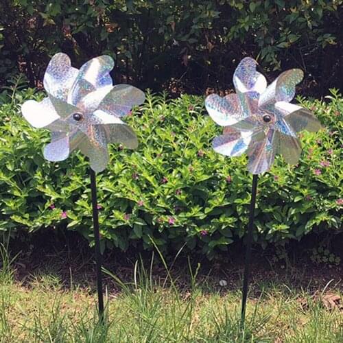 8 Leaves Laser Windmill Bird Repellent Windmill Sparkly Silver Pinwheels Bird Deterrant Outdoor Garden Lawn Yard Decoration