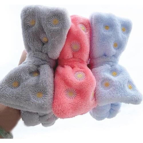 Daisy Embroidery Colorful Cute Headband Makeup Wash Face Fashion Hair Band Coral Fleece Pink Kerchief Women Hair Accessories