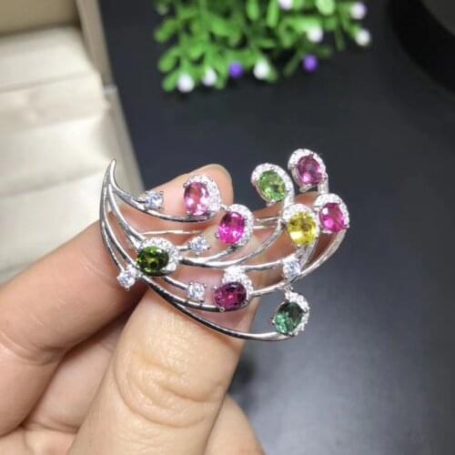 Natural Multicolor tourmalin Leaf Wing brooch S925 silver Natural gemstone brooch Pendant trendy women two wears party jewelry
