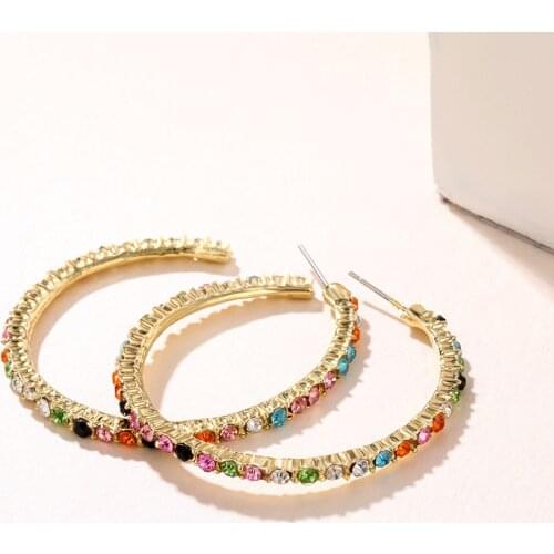 Lost Lady Large Colorful Rhinestone C Shaped Hoop Earrings for Women Exaggerated Big Statement Earrings Wholesale Jewelry Gifts