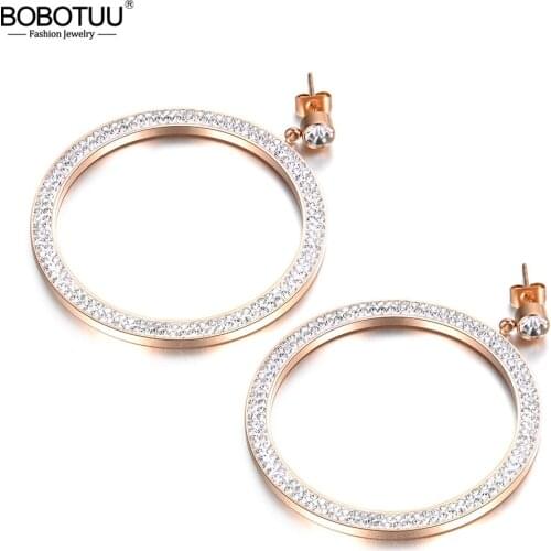 BOBOTUU Hyperbole Big Circle CZ Crystals Earrings For Women Stainless Steel Jewelry Bijoux Brincos Pendientes Mujer BE18083