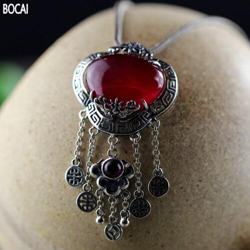 BOCAI 2021 Fashion Real S925 Silver Jewelry Handmade Delicate Individual Tassel Woman Red Corundum Pendant