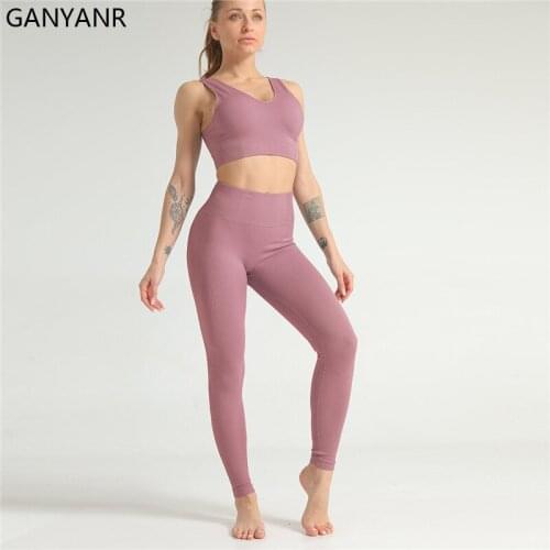 GANYANR Yoga Sets Women Gym Fitness Clothing Workout Sport Suit Sportswear Tracksuit Crop Top Seamless Bra Activewear Bodysuit