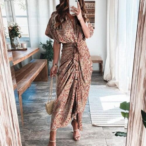 Women Summer Elegant Sexy Slim Drape Button V-Neck Dresses 2021 Fashion New Design Lace-Up Floral Retro Print Office Long Dress