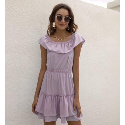 Women Robe Femme Summer Pink A-Line Dress Patchwork Ruffles Off Shoulder Slash Neck Short Sleeve Slim Dress For Woman Vestido
