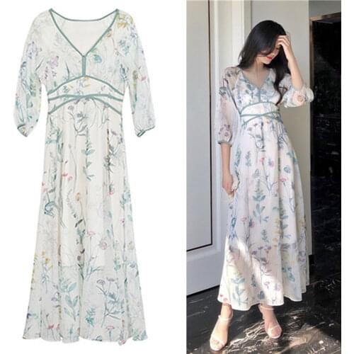 Floral Printed V-neck High Waist Chiffon Long Dress Ladies Boho Beach Style Women Party Dresses Vestidos