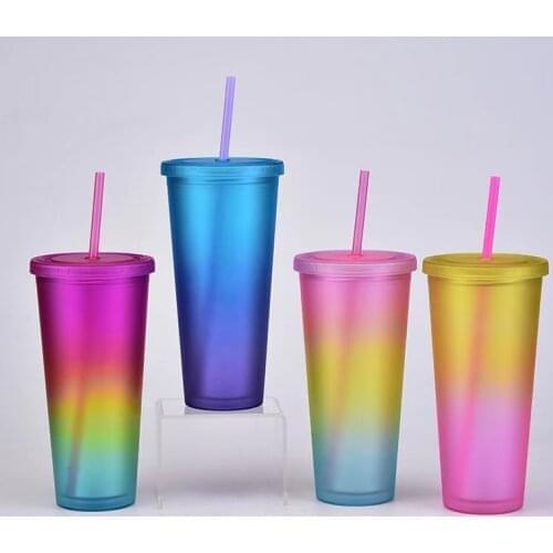 2021 fashionable double wall matte finish reusable 20oz rainbow gradient color plastic straw cup double wall tumbler with straw