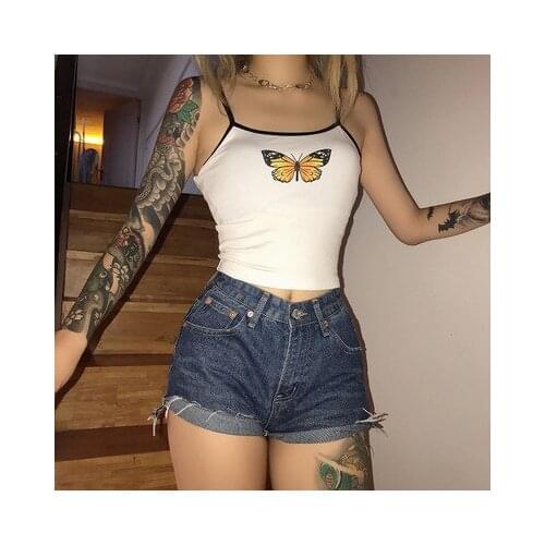 2021 New Women Casual Tank Top Butterfly Ribbed Stretchy Sport Summer Crop Top Off Shoulder Sexy Vest Camisetas Mujer Tirantes