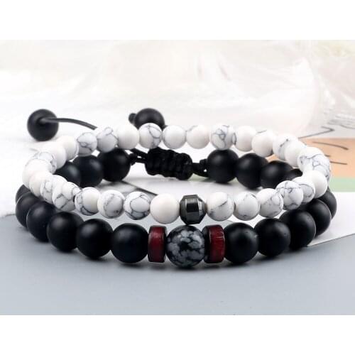 2Pcs/Set Couple Natural Stone Bracelet Charm Tiger Eye Lave Beads Wood Spacer Handmade Bangle Chain Jewelry Gift for Friend New