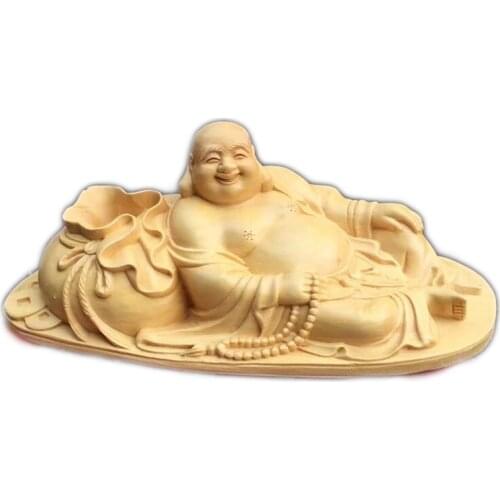 Wooden smiling Buddha statue solid wood carving Modern craft sculpture artwork Home decorationgift God of Wealth Buddha statue