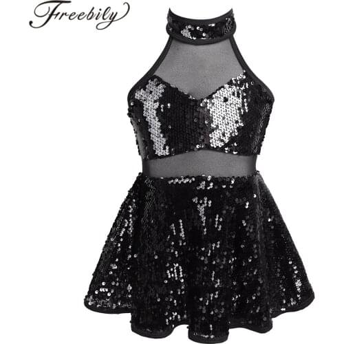 KidsTeens Figure Ice Skating Dress Sleeveless Halter Tulle Splice Sequined Girls Ballet Gymnastics Leotard Dress Dance Costume