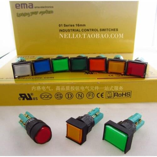 EMA 16mm illuminated pushbutton switch 01P-RA40.S2P 01P-SA40.S2P 01P-CA40.S2P rectangle round square LED DC6V 12V 24V-10p