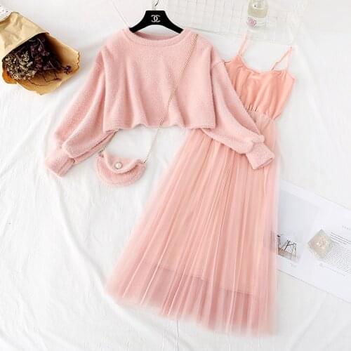 FTLZZ Autumn Winter Women Sweet Two Pieces Suit Knitted Sweater O Neck Sweaters and Dress Set Female Dress