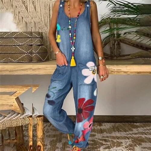 Women Floral Daisy Print Jump Suit Casual Boho Pocket Romper Long Playsuit Strap Button Jumpsuit Women Bodysuit Dropshipping
