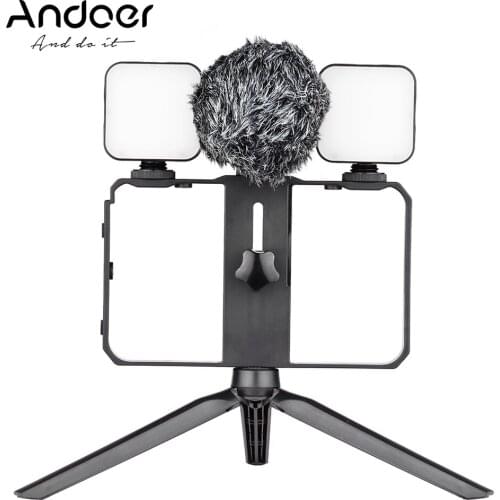 Andoer Smartphone Video Cage Kit Including 1pcs Mini LED Fill Lights Mini Microphone with Wind Screen Mini Desktop Tripod Stand