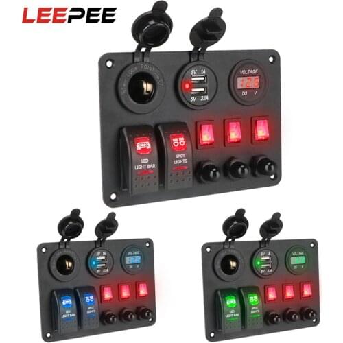 LEEPEE 2+3 Gang Rocker Switch PanelDigital Voltmeter Car Marine RV Circuit LED Breaker With Overload Protector Dual USB Ports