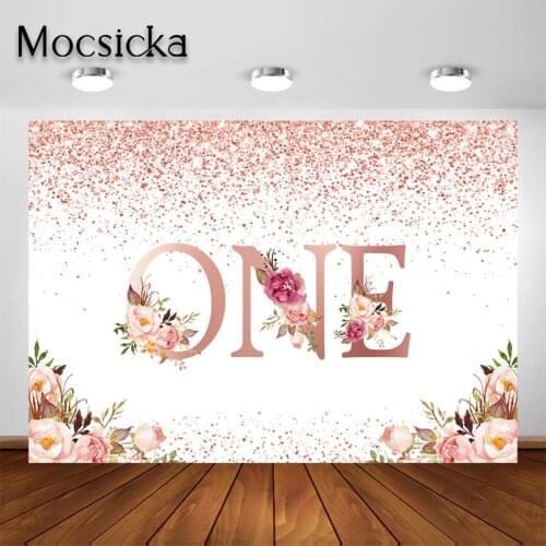 Mocsicka Floral First Birthday Party Backdrop Rose Gold Floral ONE Bday Decoration Girl 1st Birthday Party Photography Backgroun