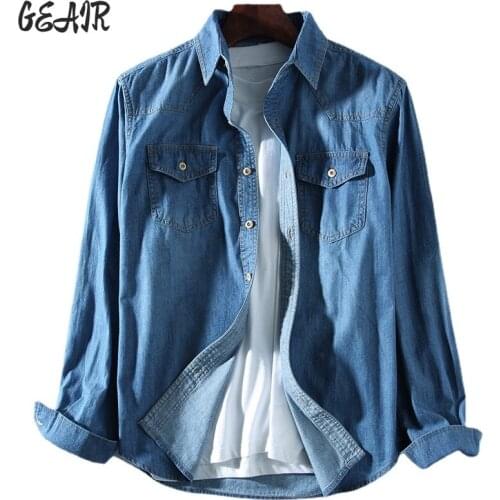 100% Cotton Washed Blue Denim Mens Cotton Shirts Casual Shirts Men Jeans Tops Collared Shirt T Shirt Men Strrete\wear Clothing