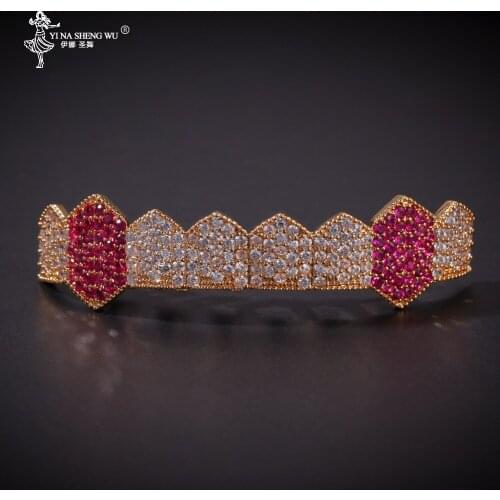 Hip Hop TeethGrillz Set Gold Color Micro Pave Cubic Colorful Zircon Top & Bottom Teeth Grillz Sets Mouth Teeth Grills Jewelry