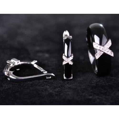 Madrry Bright Ceramic Earrings Rings Set For Women Men Letter X Shape Copper Brincos Zirconia Aneis Keramik Wedding Jewelry Set