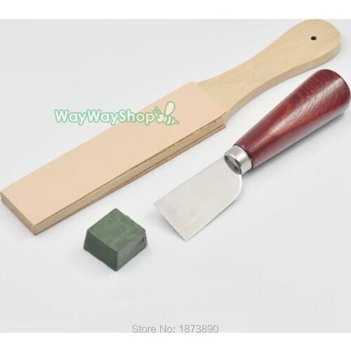 One Set Wood Handle Knife sharpening Leather Strop Chest Double Sided polish Compound