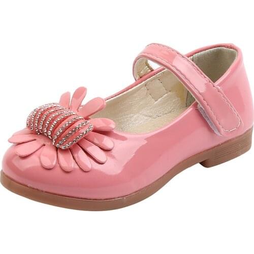 2021 Autumn Girls Shoes New Kids Leather Shoes PU Patent Leather Floral With Rhinestone Childrens Mary Janes Dress Shoes 21-36