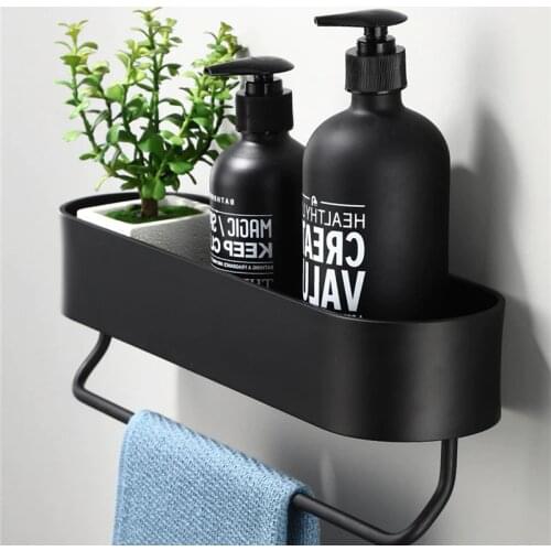 Bathroom Shelf With Towel Bar Nail Free Aluminum Bath Shower Shelf Black/Silver Bath Shampoo Holder Basket Holder Corner shelf