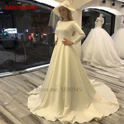 Simple Vintage Wedding Dress With Long Sleeves White Ivory Satin Bridal Gown A-Line Chapel Train Vestido De Novia Robe Mariage