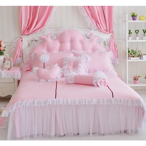 Romantic Lace Flower Bedspread Bed Skirts 100%Cotton Pink Princess Quilt Cover King Queen 4pcs Girls Bedding Set Home Textile