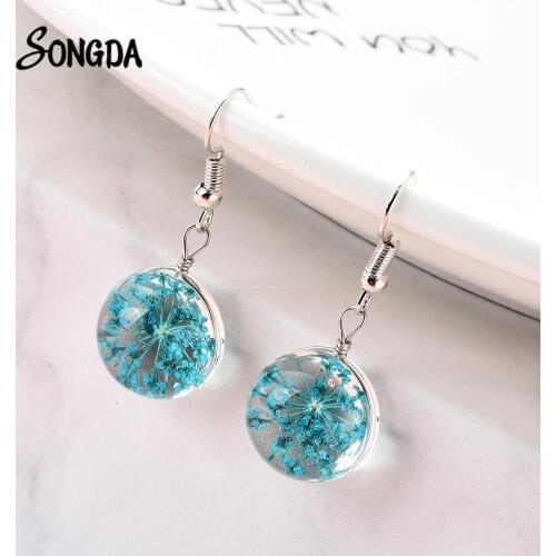 Natural Dried Flowers Long Drop Earrings Handmade Glass Ball Pressed Flower Elegant Earing for Female Girls Party Jewelry