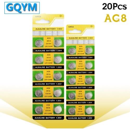 20pcs/pack AG8 LR1120 391 SR1120 191 LR55 Cell Coin Alkaline Battery 1.55V LR1120W CX191 Button Batteries for Watch Toys Remote