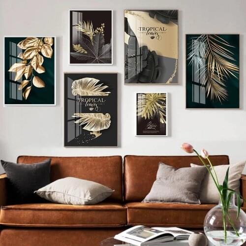 Nordic Gold Leaf Plant Flowers Leaf Canvas Minialist Printed Artistic poster, Nordic Decor, Image, Living Room Decor