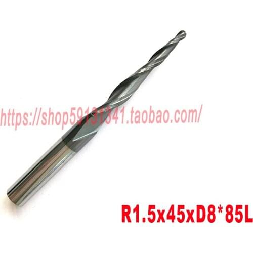 1pc R1.5*D8*45*85-HRC55 Tungsten solid carbide lengthen Tapered Ball Nose End Mills taper and cone milling cutter ferramentas