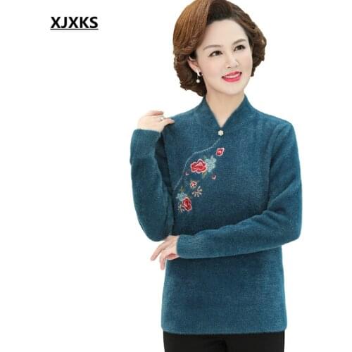 XJXKS 2021 winter new loose plus size warm thick women sweater high-end mink cashmere knit sweater women embroidery pullover