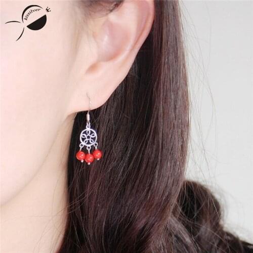 Red Beads 925 Sterling Silver Earrings for Women Female Earrings Ethnic Accessories Jewelry Stud Earrings Fashion Jewelry 2018