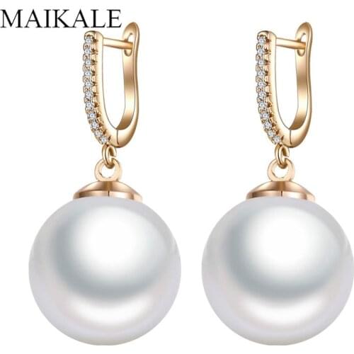 MAIKALE Classic 18MM Big Ball Shape Pearl Drop Earrings for Women Gold Zirconia Earrings with Pearls Party Jewelry Gifts
