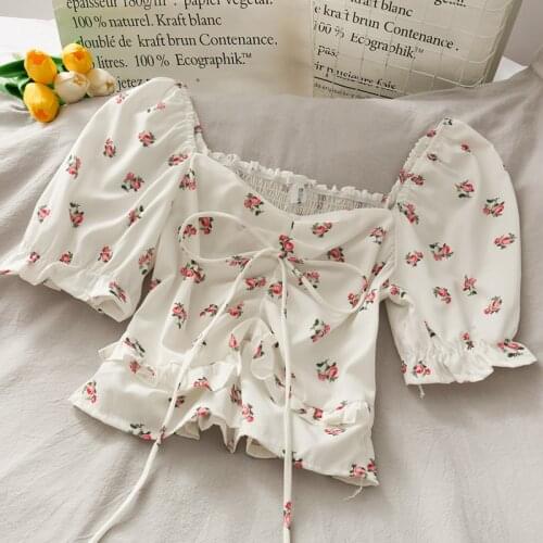 ITOOLIN Womens Drawstring Floral Top Cropped Short Sleeve Chiffon Blouse Fashion Pleated Slim Elastic Crop Tops Femme Summer