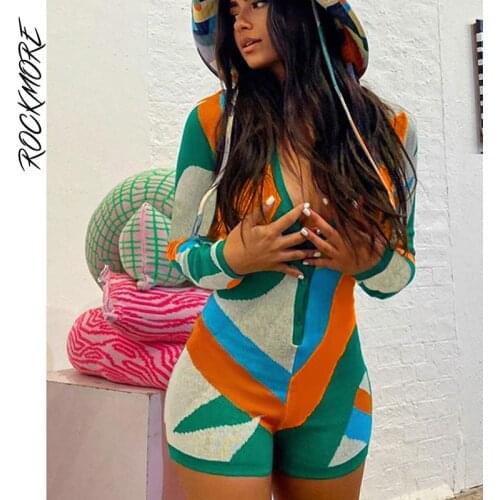 Rockmore Knitted Playsuits Long Sleeve V-Neck Bodysuits For Women Y2K Print Jumpsuits Summer Casual Sexy Rompers Streetwear 2021