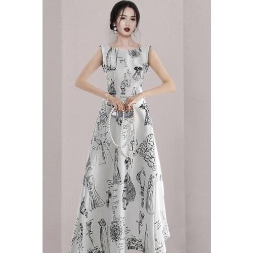 Woman Sexy Backless Summer 2021 Runway White Sleeveless Ink And Wash Printed Femme Elegant A Line Long Pleated Dress