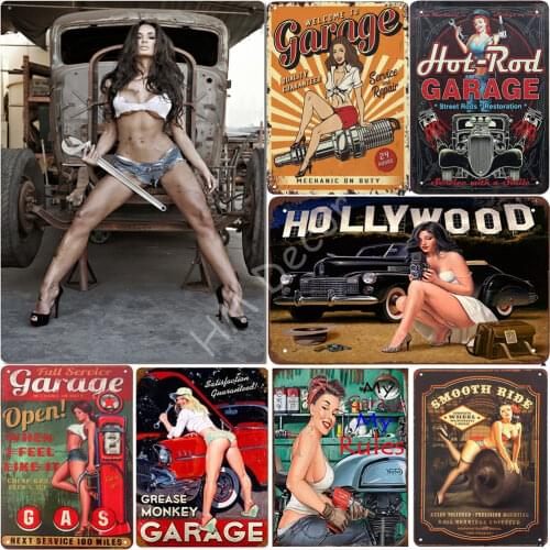 Tin Sign Big Wrench Wall Art Pin-up Girl Auto Shop Garage A780 Metal Tin Sign Decor Iron Painting Signs